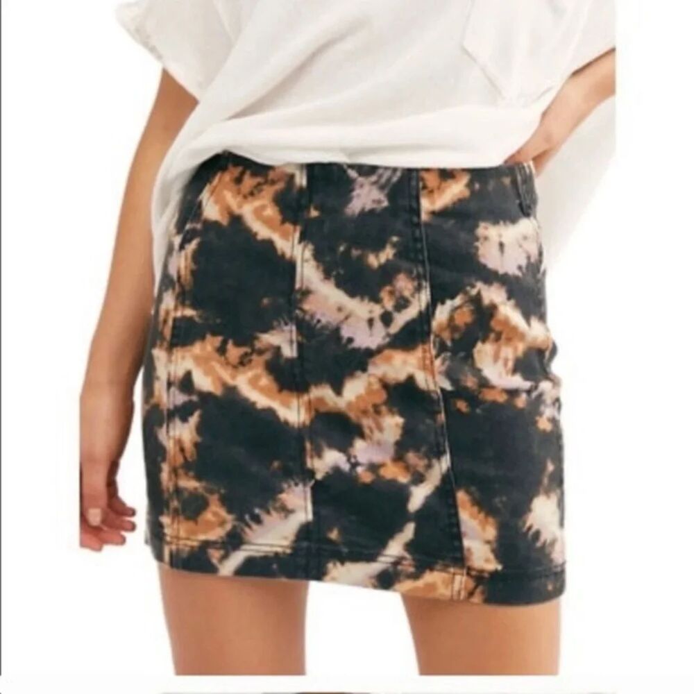 Free People Midnight Combo Denim Skirt Size 10 Tie Dye Black Boho Mini Skirt